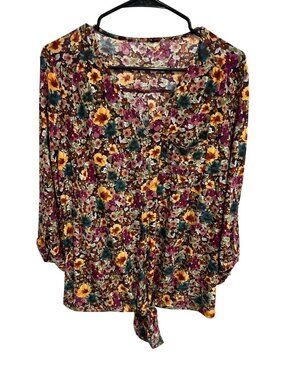 Womens Floral Print Button-Down 3/4 Sleeves Tie Front V-Neck Blouse Top Breezy